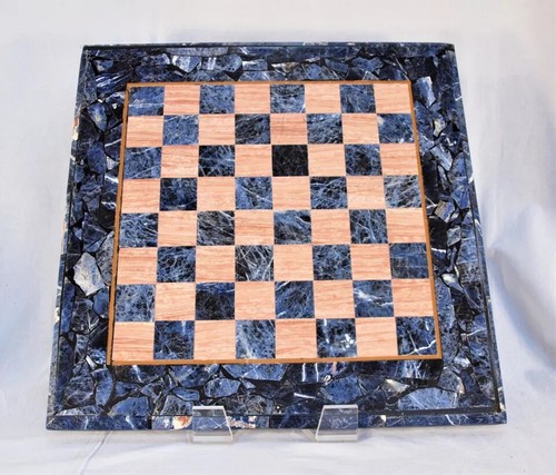 Vintage Blue Sodalite & Wood Chess Board– Luxury Stone Inlay Design gift for her - Picture 2 of 11