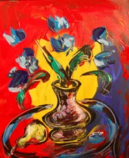 BLUE FLOWERS  Modern Abstract     Original Oil Painting  IMPRESSIONIST NES3RG