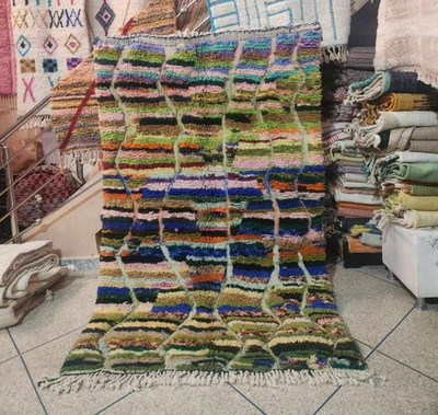 Marokkanischer 5x8 Fuß Beni Urain Regenbogen getuftete Schaf Wollteppich Handarbeit Boho Teppich
