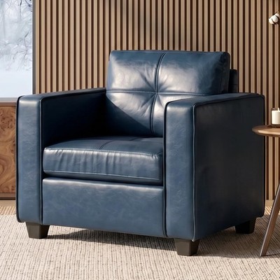 Blue Faux Leather Tufted Oversized Mid Century Modern Wide Armchair Side Pockets