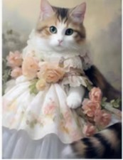 Diamond Art Kit Featuring Beautiful Cat In Floral Attire 30cm X 40cm Round Drill
