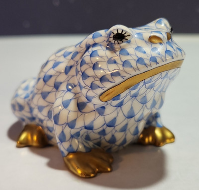 Herend Hungary Porcelain Frog Figurine Blue Fishnet with Gold Accents Beautiful