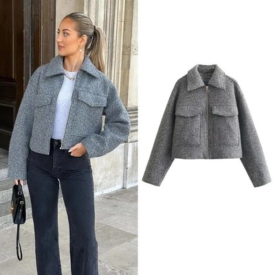 TRAF Autumn Winter Cropped Jacket for Women Short Coat Tweed Jacket Zip Crop