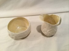 Antique Black Mark Belleek Lily Cob Lustre Handle Rim Irish Creamer Sugar
