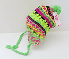 Kids Neon Knit Pom Pom Trapper Hat Lined Green Braided Tassel Chin Ties