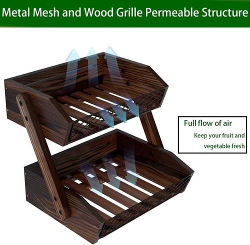 Fruit Basket for Kitchen, 2 Tier Fruit Bowl,Kitchen Counter Organizer,Wooden Veg - Picture 4 of 11
