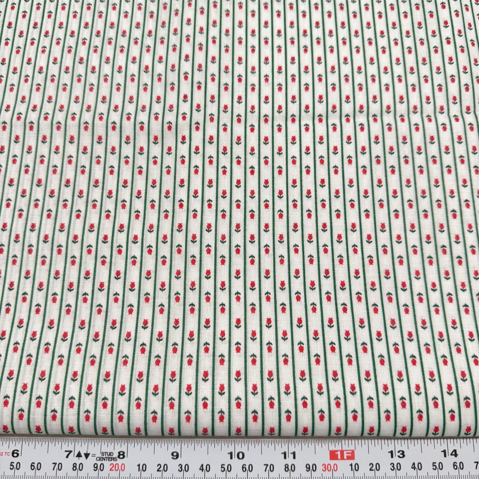 Vintage Red, Green Striped Floral Unbranded Cotton Blend Fabric by the HALF YARD