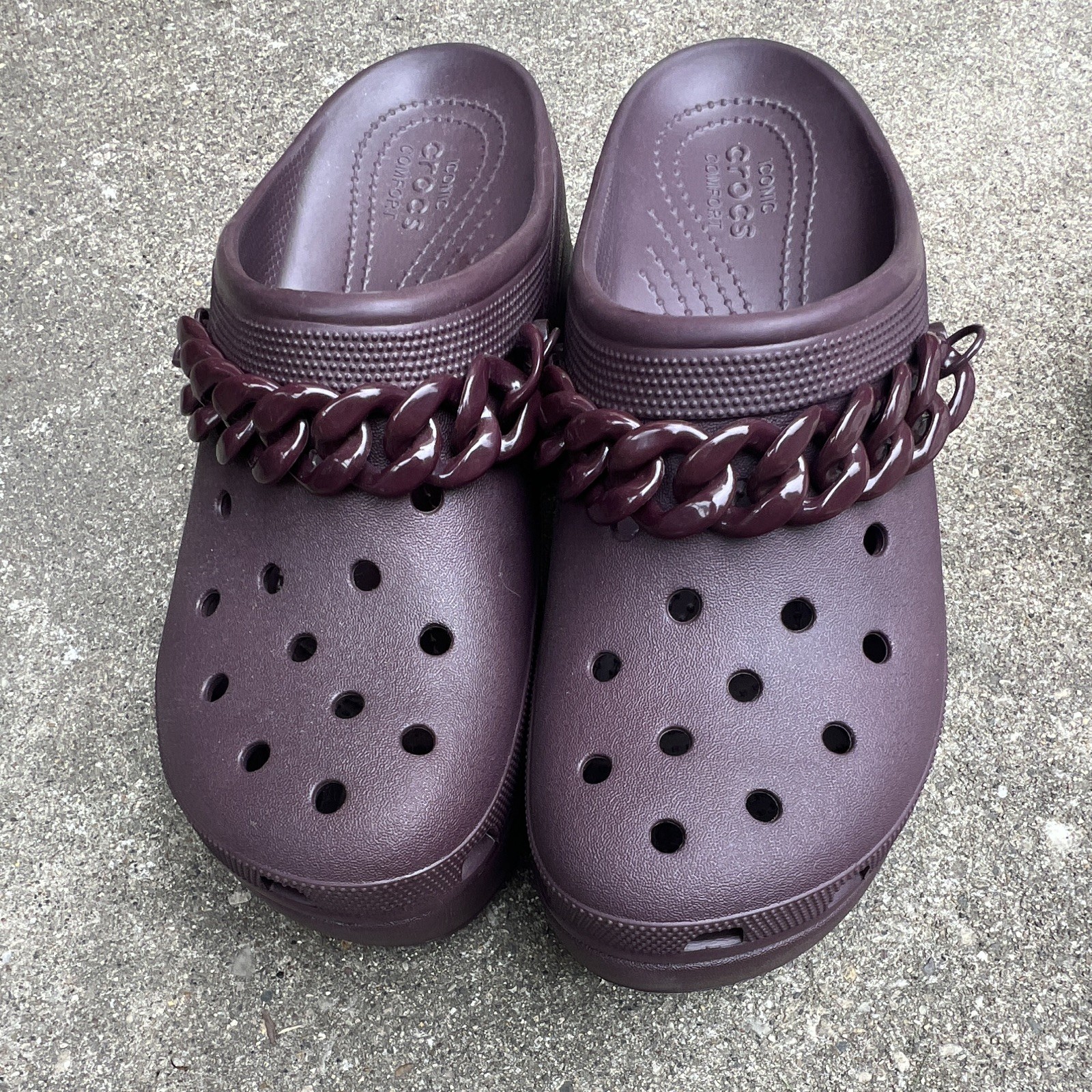 Crocs Purple Platform Clog Sandals Womens US 11 Slip-On Chain Logo