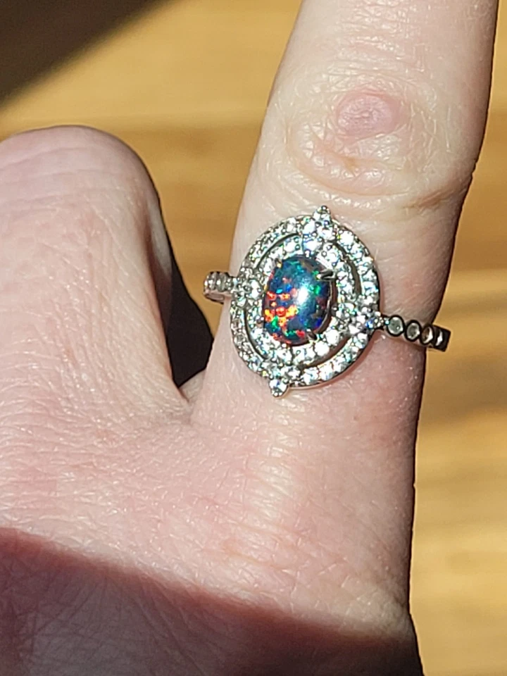 Ring Bomb Party Black Lab Fire Opal Ring Double Halo CZ Eternity Band Sz 9.5 - Image 2 of 4