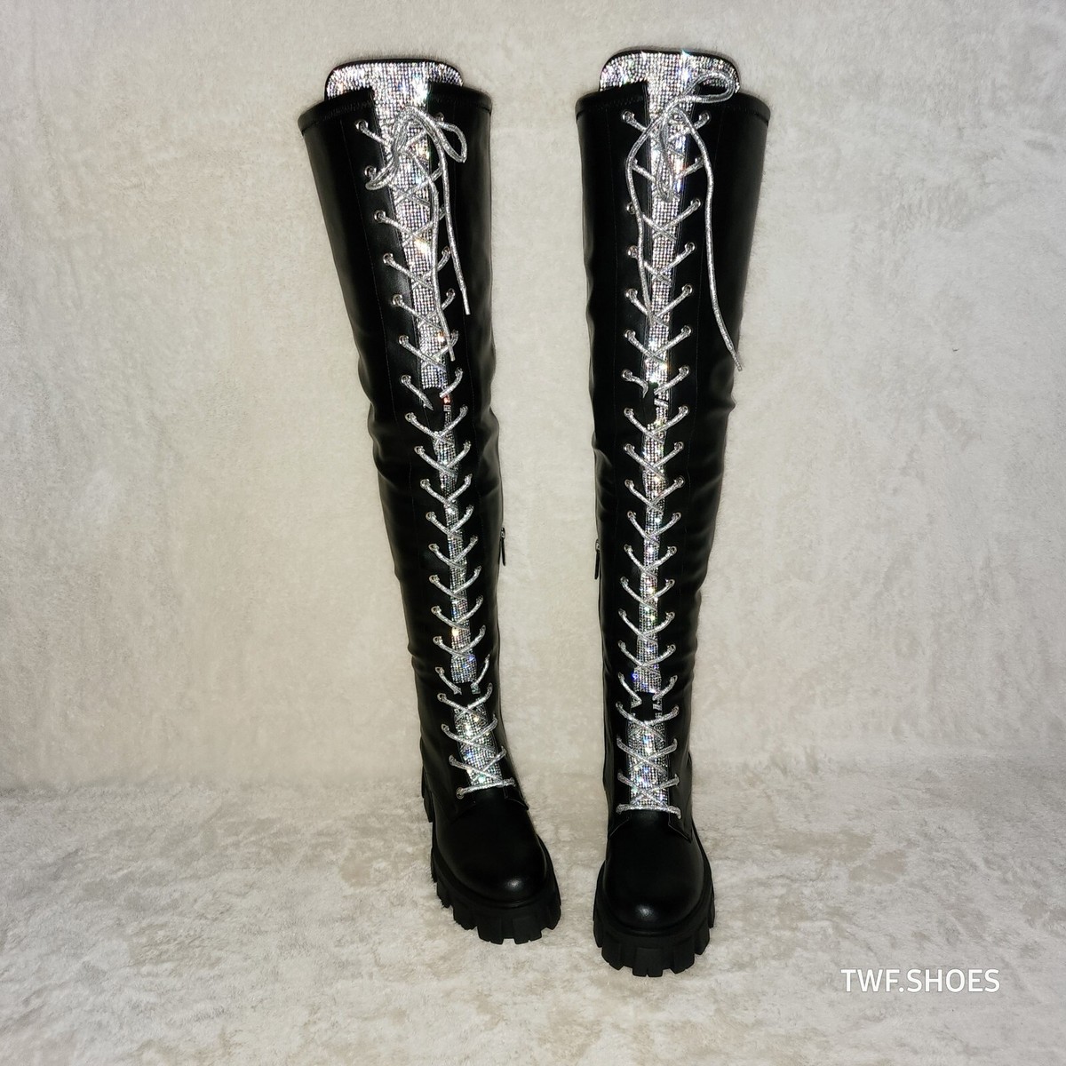 Roscoe Black Combat Thigh High Boots Iridescent Rhinestone