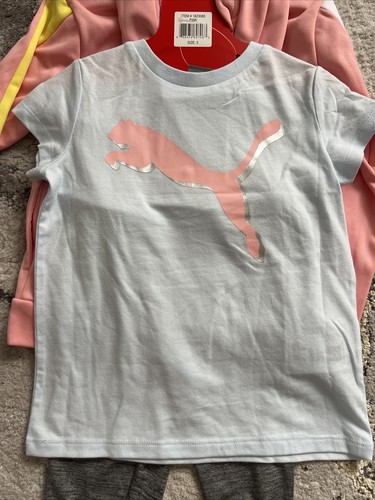 PUMA KIDS 3 PIECE SET Pink HOODIE WITH White T-SHIRT GRAY LEGGINGS SIZE 5, New - Picture 4 of 5