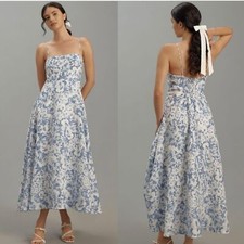 2025 Reformation Monette Linen Floral Maxi Midi Dress Larkspur Blue White Women