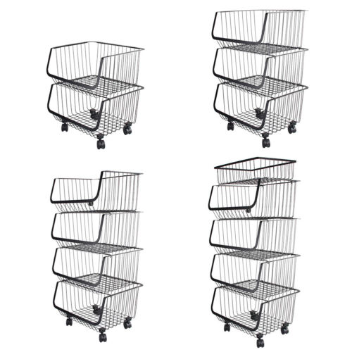 STORAGE STACKING WIRE BASKET STACKABLE SHELVES VEGETABLE FOOD KITCHEN RACK WHEEL - Picture 3 of 43