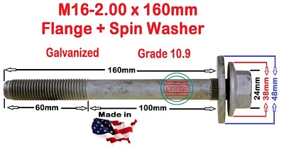 (1 Pc) M16-2.00x160mm Flange Bolts Grade 10.9