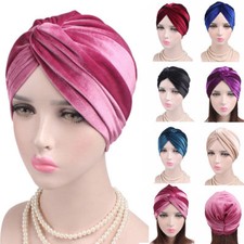 Women's Velvet Turban Hat Head Wrap Warmer Knotted Hijab Plain Color Cover Cap