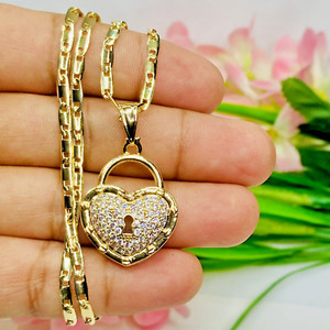 14K Gold Plated Lock Heart Shape Pendant W White Cz Necklace Chain 20In Long