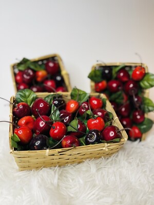 Artificial cherries in 3 baskets fruit decor Art Still Life Pieces decorative