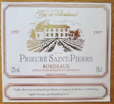 Wine labels FRANCE PRIEURE SAINT PIERRE Bordeaux Ginestet wine label