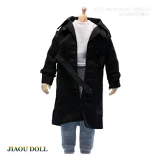 JO23M-07A 1/12 Male Black Windbreaker Coat Belt Clothes For 6"Action Figure Toy