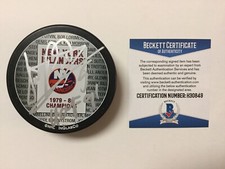 Denis Potvin Signed 79/80 NY Islanders Stanley Cup Hockey Puck Beckett BAS COA b