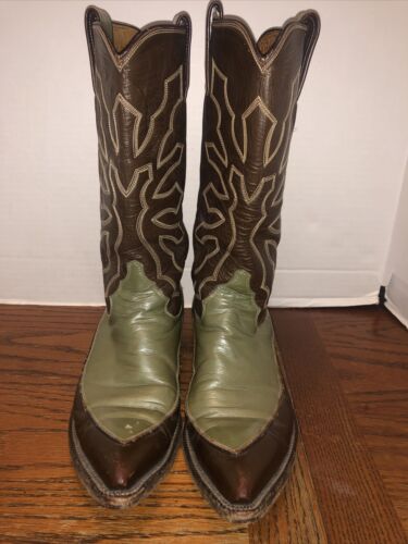 Vtg Justin Western Two Tone Green/Brown Boots Men’s SZ 6 B USA Made Pre Owned - Afbeelding 1 van 12