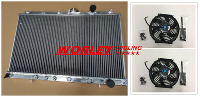 Aluminum Radiator + DUAL FAN FOR Mitsubishi Lancer EVO 1 2 3 Race I II III MT