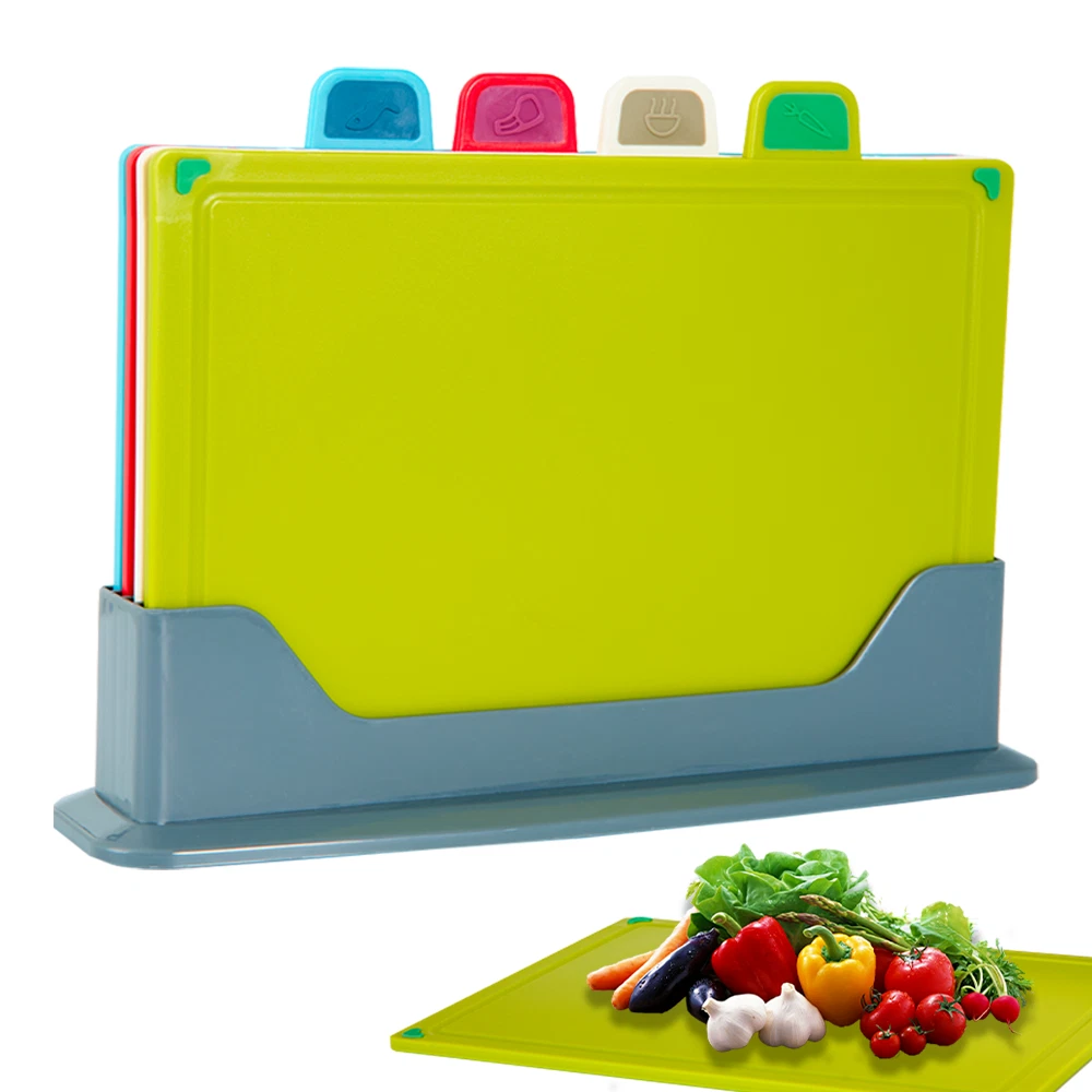 COLOURED 4PCS CHOPPING BOARD SET NON-SLIP INDEX CUTTING BOARDS WITH STAND
