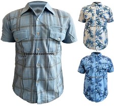 Mens Linen Style Short Sleeve Check Shirts Casual Fit Formal Dress Top Tee Shirt