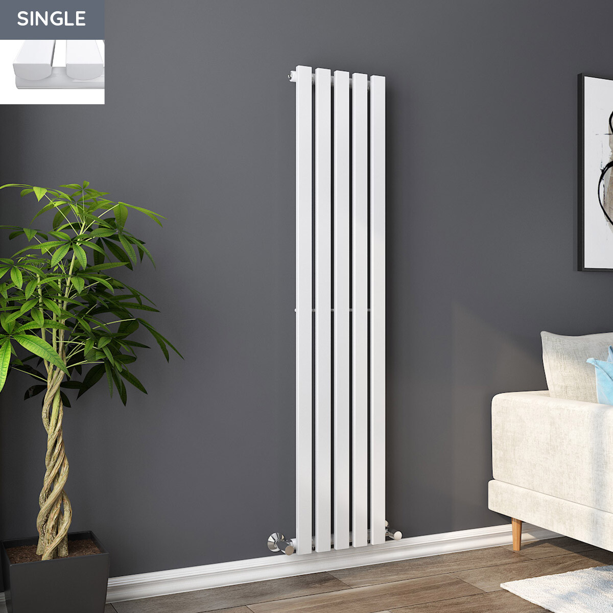 Vertical Column Designer Radiator Rectangle Flat Panel Single White 1600x340mm
