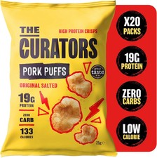 THE CURATORS High Protein Pork Puffs, Original Salted, 25g (20 Packs) 18g Prote