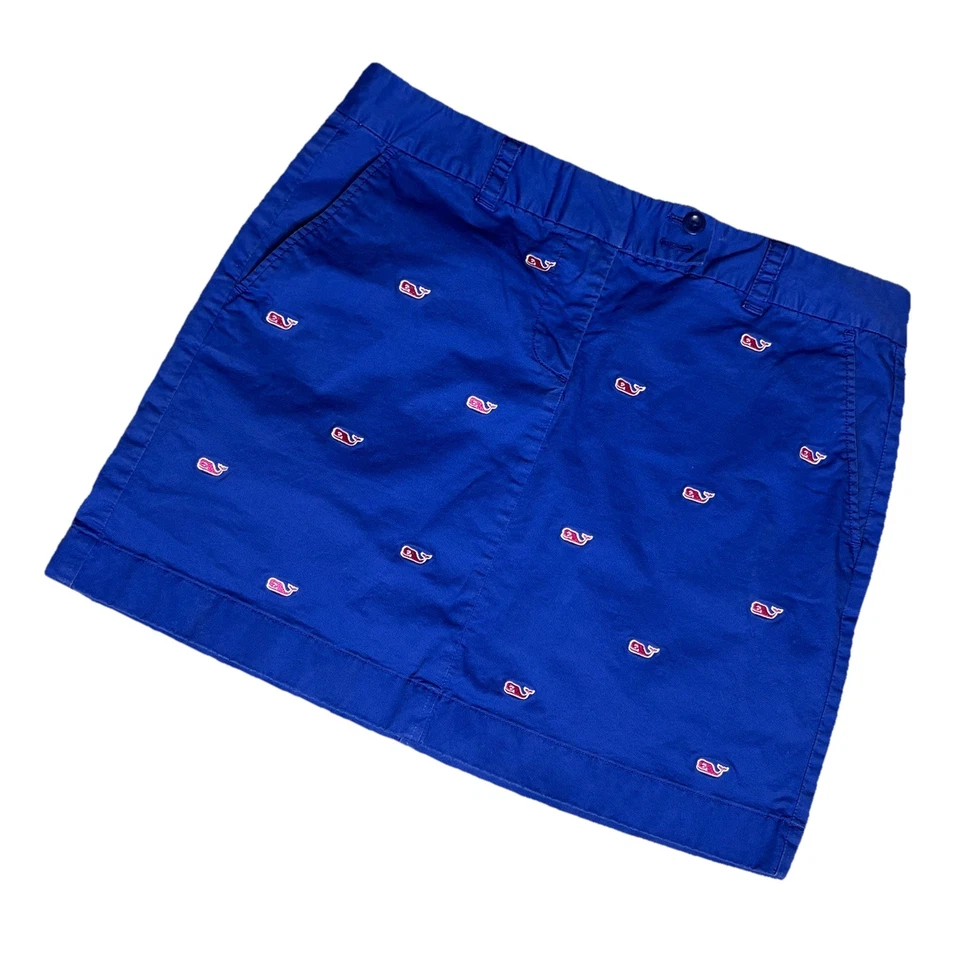 Vineyard Vines Size 8 Blue Twill Mini Pencil Skirt w/Embroidered Red Whales - Image 2 of 4