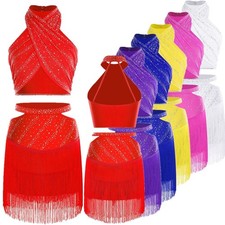 Women 2 Piece Show Dancewear Wear Outfit Elastic Set Overlay Shiny Front Cross