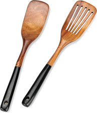 2 Pcs Wooden Spatula Set for Cooking Non Toxic Teak Kitchen Utensils Slotted Pan