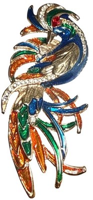 Vintage Phoenix Bird Enamel Rhinestone Gold tone Brooch 3'' EUC