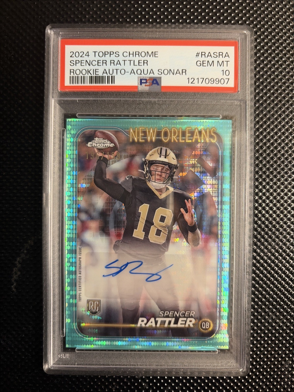 2024 Topps Chrome Spencer Rattler Rookie Auto Aqua Sonar /199 PSA 10 RC Saints