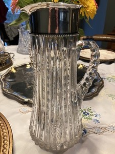 CUT GLASS PITCHER/JUG: STERLING SILVER RIM: ABP: AMERICAN BRILLIANT PERIOD