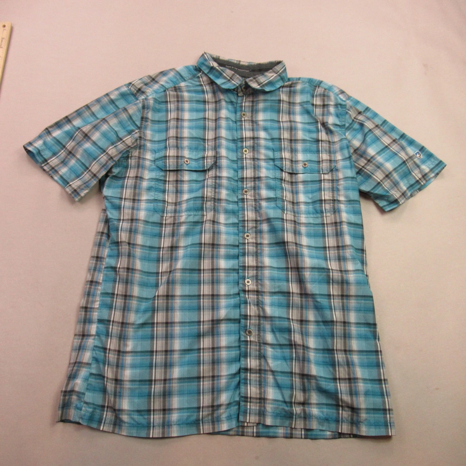 Kuhl Shirt Mens Large Short Sleeve Button Front Lightweight Blue Casual Plaid