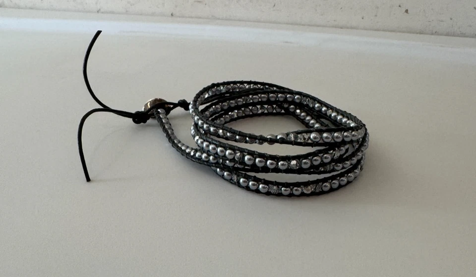 Chan Luu Wrap Silver and Faceted Beads Gray Leather Bracelet- Sterling Clasp EUC - Image 3 of 4