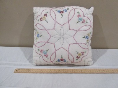 Quilted Embroidered Decorative Pillow 15'' Square Multicolor Handmade Cottage Cor