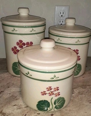 Geranium Canisters Crock Shop Santa Ana Cottage Core Kitchen Decor Set/3 EUC 