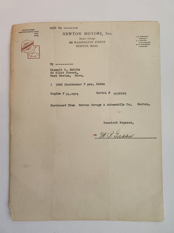 1928 antique STUDEBAKER NEWTON MOTORS INC newton ma SEDAN RECEIPT maxwell gaddis