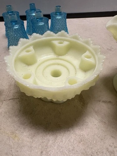 Fenton glass six candle holder bowl Hobnail uranium green milk glass