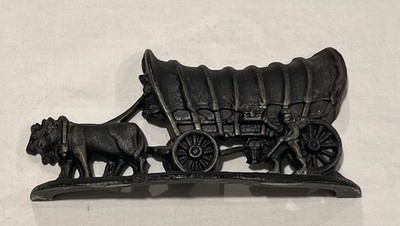 Vtg Cast Iron Pair Bookends Black Champion Hardware Covered Wagon Wild West Oxen