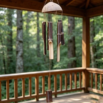 Naturfarbenes Windspiel aus Holz mit Kokosnussschalenrahmen für Terrassendekora