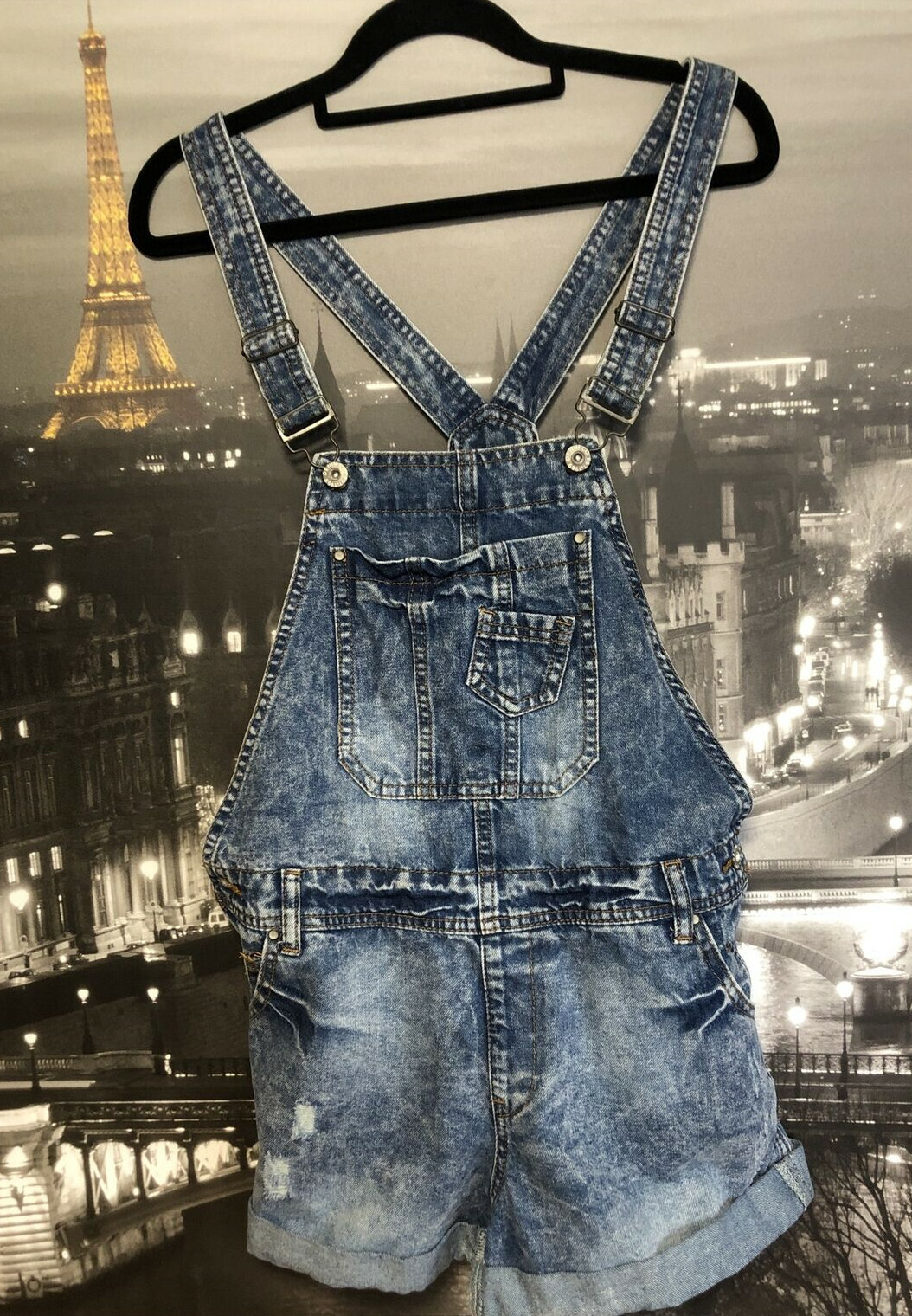 DENIM DUNGAREES Shorts/Hot Pants Size UK8 Faded Distressed