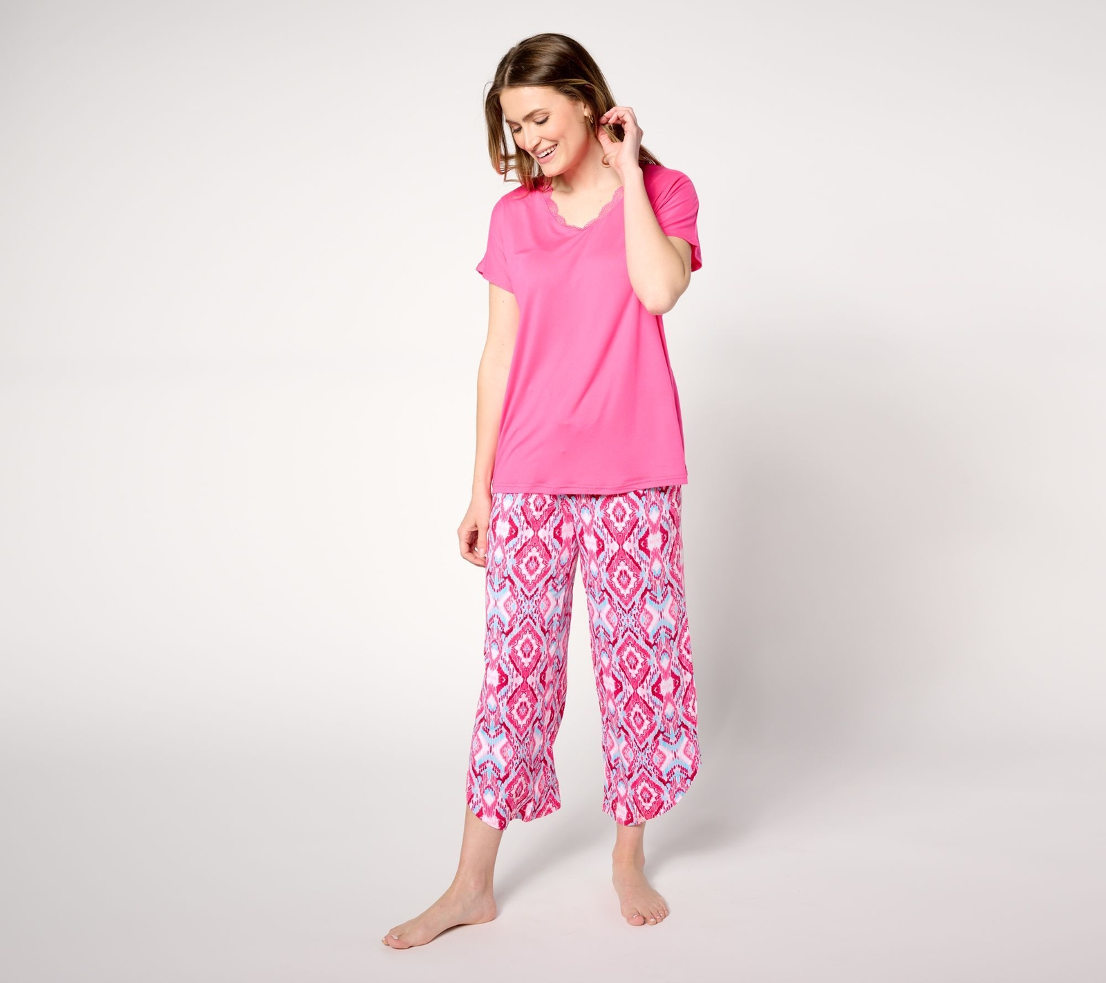 Carole Hochman Women's Sleepwear Sz L Lace Trim Tee with Ruffle Waist Pink