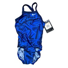 NWT Nike Size 20 Girls 5 One Piece Swimsuit Geometric Pattern Blue Black