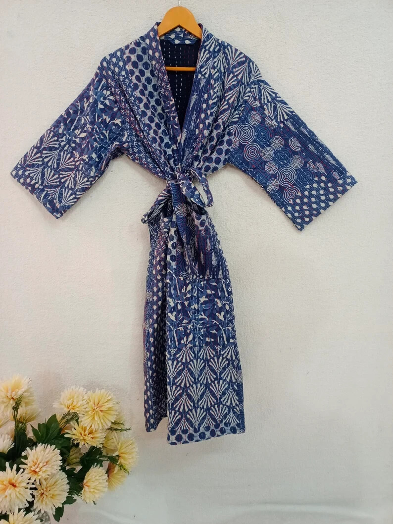 Cotton Quilted Kantha Kimono Robe Long Dress Jacket Nightwear Loungewear