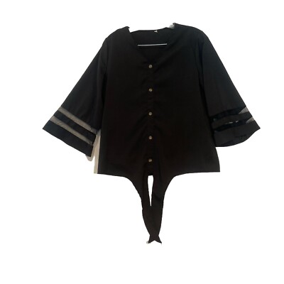 Roskiky Women's ¾ Bell Sleeve V Neck Blouse-Down Knot Shirt-Size L see measureme