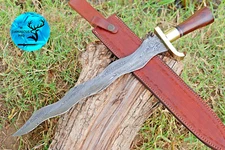 CUSTOM HANDMADE FORGED DAMASCUS STEEL DOUBLE EDGE FIXED BLADE SWORD+SHEATH- 1672